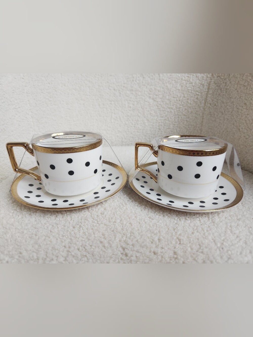 Almeria Collection Elegant Polka Dot Tea Cup & Saucer  with Gold Trim - Set Of 2